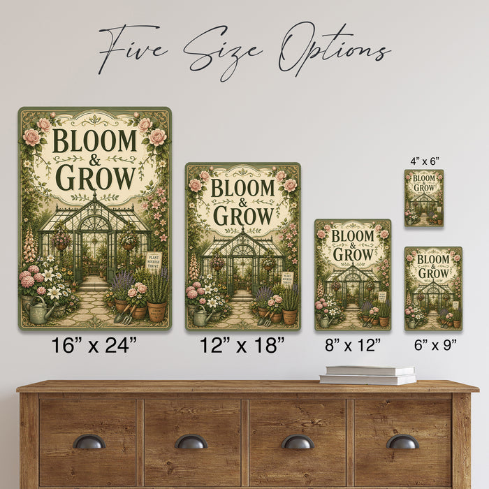Bloom and Grow Greenhouse Garden metal sign with vintage cottage garden style — Bloom and Grow Greenhouse Garden