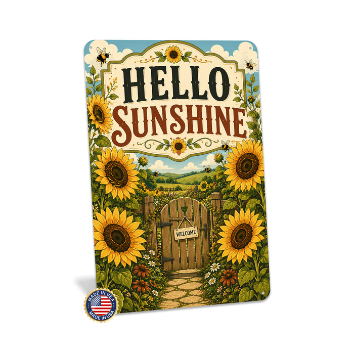 Hello Sunshine Sunflower Garden metal sign with vintage cottage garden style — Hello Sunshine Sunflower Garden