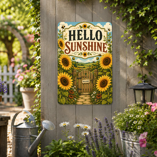 Hello Sunshine Sunflower Garden metal sign with vintage cottage garden style — Hello Sunshine Sunflower Garden