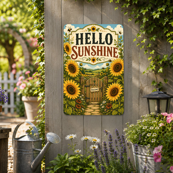 Hello Sunshine Sunflower Garden metal sign with vintage cottage garden style — Hello Sunshine Sunflower Garden