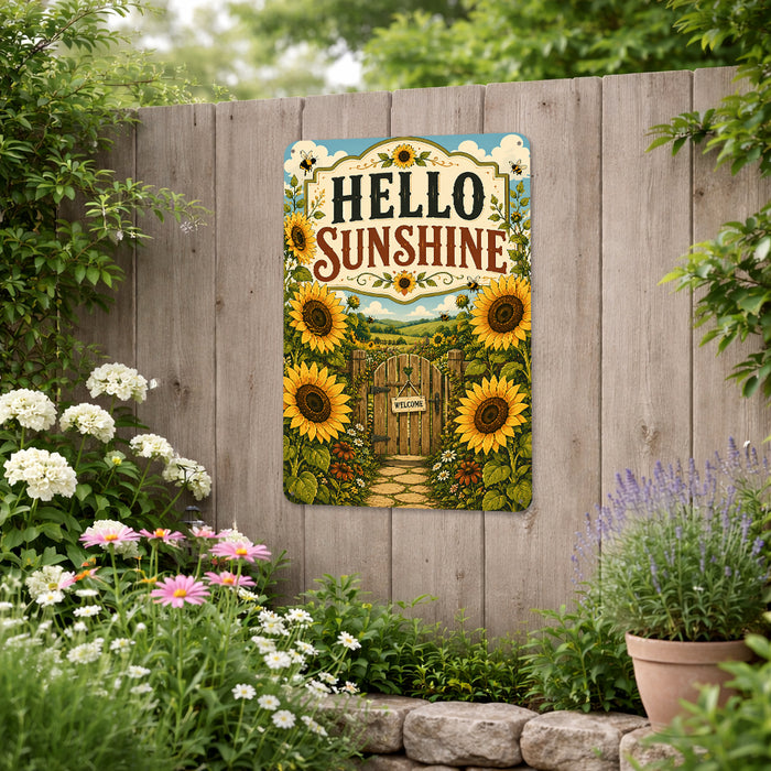Hello Sunshine Sunflower Garden metal sign with vintage cottage garden style — Hello Sunshine Sunflower Garden