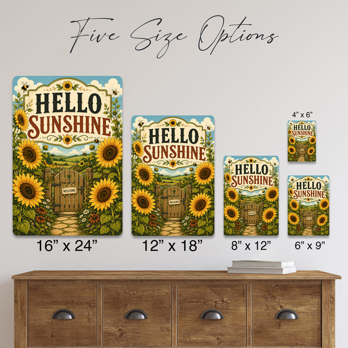 Hello Sunshine Sunflower Garden metal sign with vintage cottage garden style — Hello Sunshine Sunflower Garden