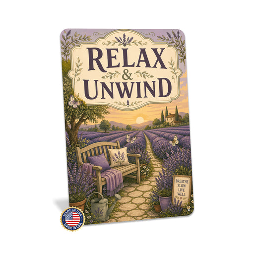 Relax and Unwind Lavender Garden metal sign with vintage cottage garden style — Relax and Unwind Lavender Garden