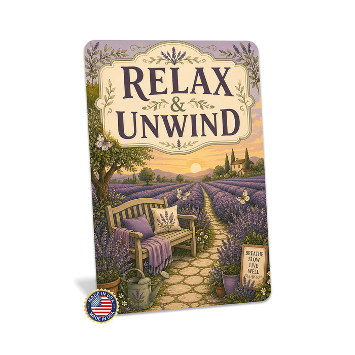 Relax and Unwind Lavender Garden metal sign with vintage cottage garden style — Relax and Unwind Lavender Garden