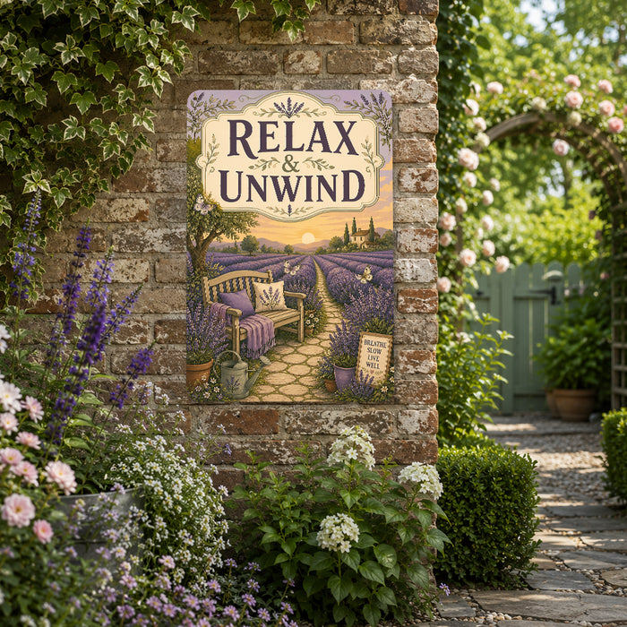 Relax and Unwind Lavender Garden metal sign with vintage cottage garden style — Relax and Unwind Lavender Garden