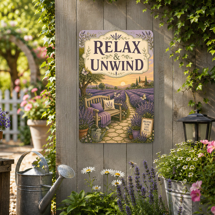 Relax and Unwind Lavender Garden metal sign with vintage cottage garden style — Relax and Unwind Lavender Garden