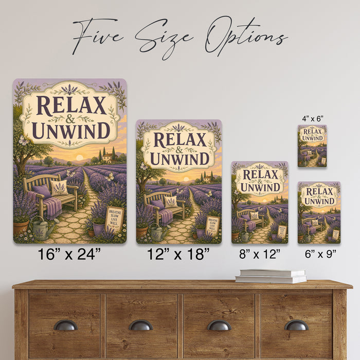 Relax and Unwind Lavender Garden metal sign with vintage cottage garden style — Relax and Unwind Lavender Garden