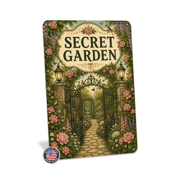 Secret Garden Rose Garden metal sign with vintage cottage garden style — Secret Garden Rose Garden
