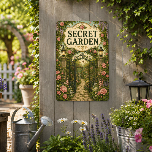 Secret Garden Rose Garden metal sign with vintage cottage garden style — Secret Garden Rose Garden
