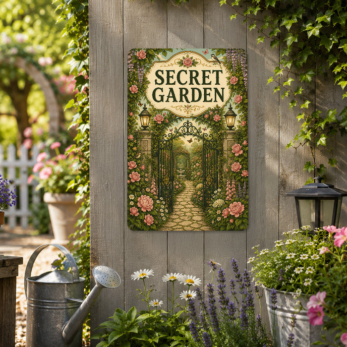 Secret Garden Rose Garden metal sign with vintage cottage garden style — Secret Garden Rose Garden