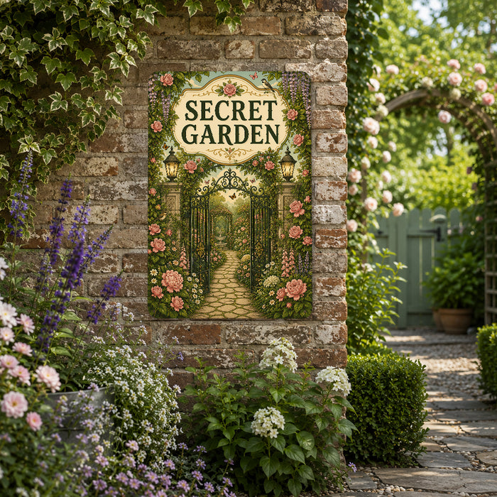 Secret Garden Rose Garden metal sign with vintage cottage garden style — Secret Garden Rose Garden