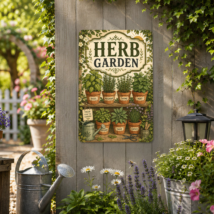 Herb Garden Basil Rosemary Thyme metal sign with vintage cottage garden style — Herb Garden Basil Rosemary Thyme