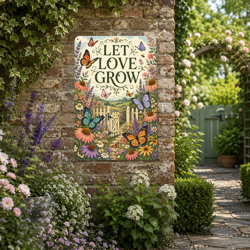 Let Love Grow Wildflower Garden metal sign with vintage cottage garden style — Let Love Grow Wildflower Garden
