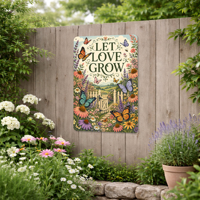 Let Love Grow Wildflower Garden metal sign with vintage cottage garden style — Let Love Grow Wildflower Garden