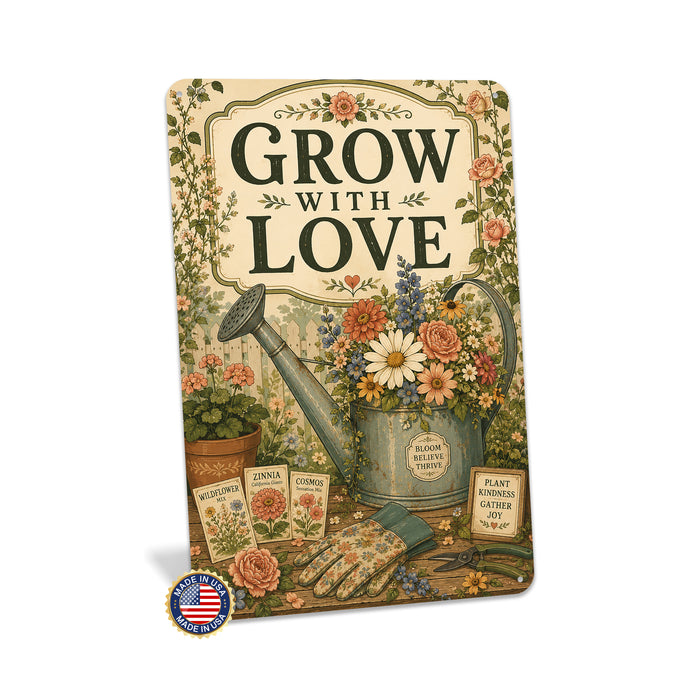 Grow with Love Wildflower Watering Can metal sign with vintage cottage garden style — Grow with Love Wildflower Watering Can