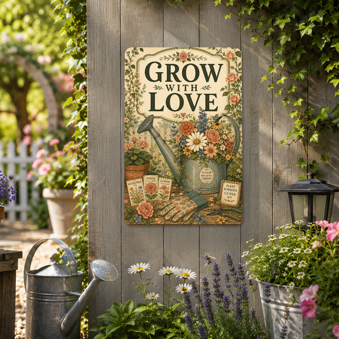 Grow with Love Wildflower Watering Can metal sign with vintage cottage garden style — Grow with Love Wildflower Watering Can