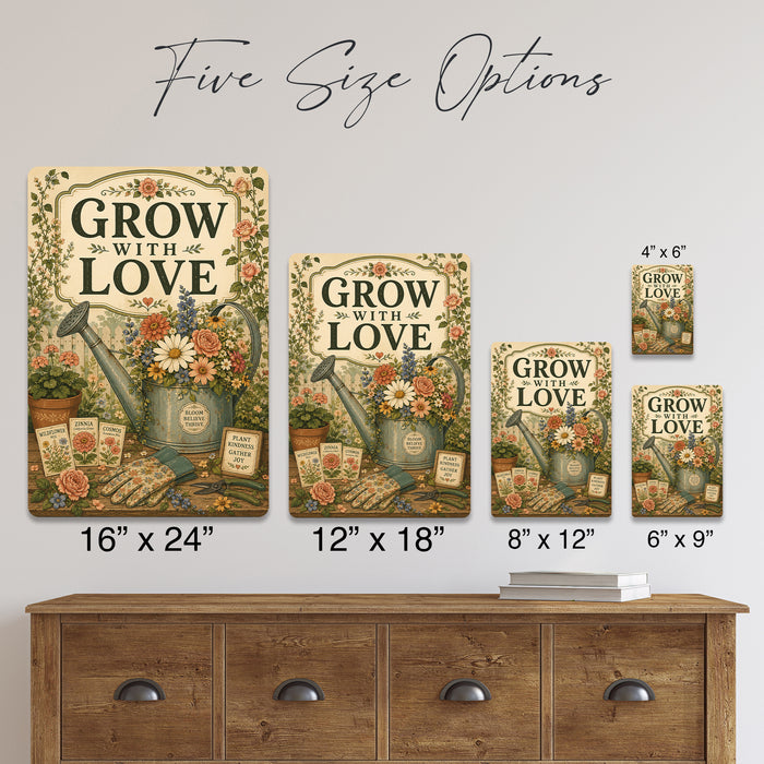 Grow with Love Wildflower Watering Can metal sign with vintage cottage garden style — Grow with Love Wildflower Watering Can