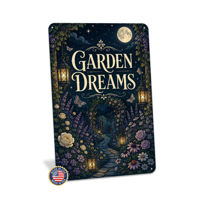 Garden Dreams Moonlit Garden metal sign with vintage cottage garden style — Garden Dreams Moonlit Garden