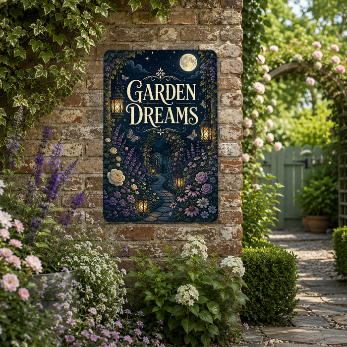 Garden Dreams Moonlit Garden metal sign with vintage cottage garden style — Garden Dreams Moonlit Garden