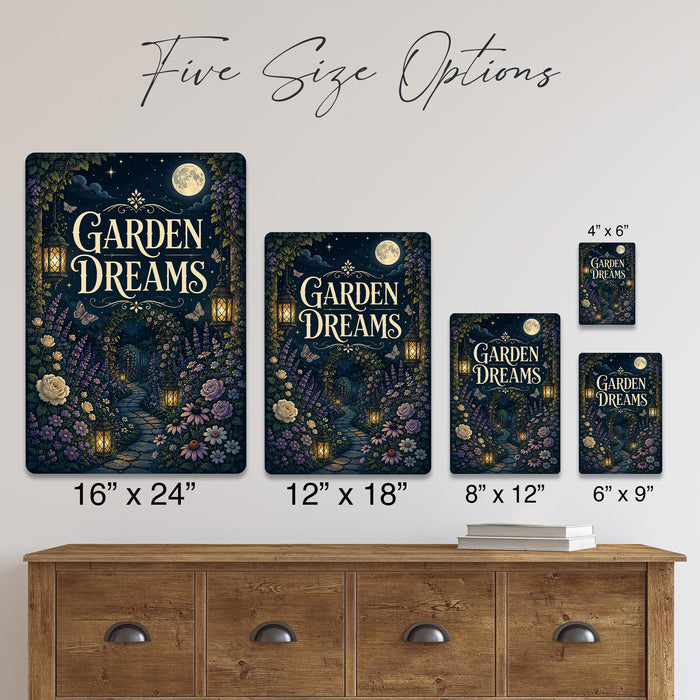 Garden Dreams Moonlit Garden metal sign with vintage cottage garden style — Garden Dreams Moonlit Garden