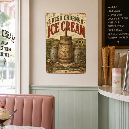 Fresh Churned Ice Cream Old Fashioned Way metal sign with vintage americana diner / ice cream style — Fresh Churned Ice