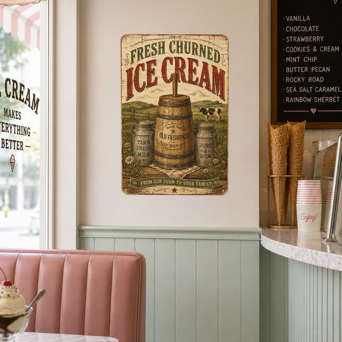 Fresh Churned Ice Cream Old Fashioned Way metal sign with vintage americana diner / ice cream style — Fresh Churned Ice