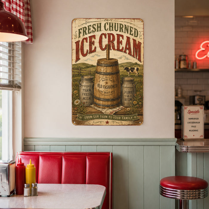 Fresh Churned Ice Cream Old Fashioned Way metal sign with vintage americana diner / ice cream style — Fresh Churned Ice
