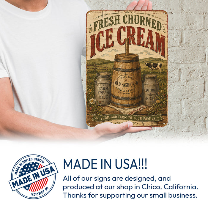 Fresh Churned Ice Cream Old Fashioned Way metal sign with vintage americana diner / ice cream style — Fresh Churned Ice