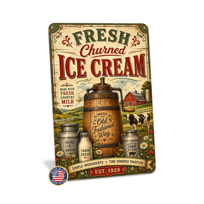 Fresh Churned Ice Cream Country Milk metal sign with vintage americana diner / ice cream style — Fresh Churned Ice Cream