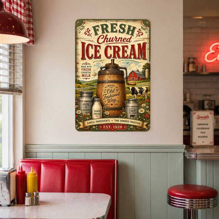 Fresh Churned Ice Cream Country Milk metal sign with vintage americana diner / ice cream style — Fresh Churned Ice Cream