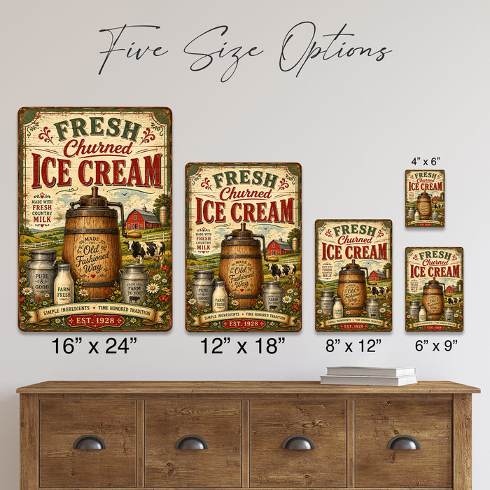 Fresh Churned Ice Cream Country Milk metal sign with vintage americana diner / ice cream style — Fresh Churned Ice Cream