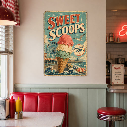 Sweet Scoops Boardwalk Ice Cream metal sign with vintage americana diner / ice cream style — Sweet Scoops Boardwalk Ice Cream