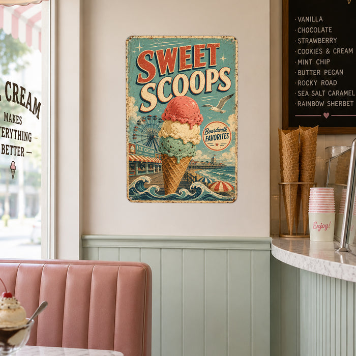 Sweet Scoops Boardwalk Ice Cream metal sign with vintage americana diner / ice cream style — Sweet Scoops Boardwalk Ice Cream