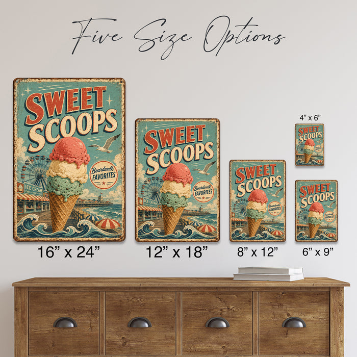 Sweet Scoops Boardwalk Ice Cream metal sign with vintage americana diner / ice cream style — Sweet Scoops Boardwalk Ice Cream