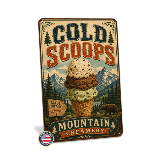 Cold Scoops Mountain Creamery metal sign with vintage americana diner / ice cream style — Cold Scoops Mountain Creamery