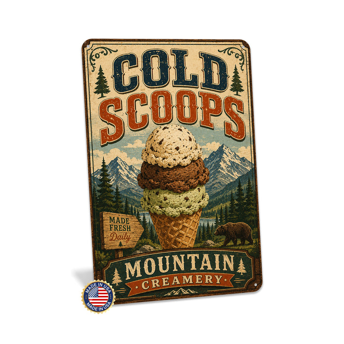 Cold Scoops Mountain Creamery metal sign with vintage americana diner / ice cream style — Cold Scoops Mountain Creamery