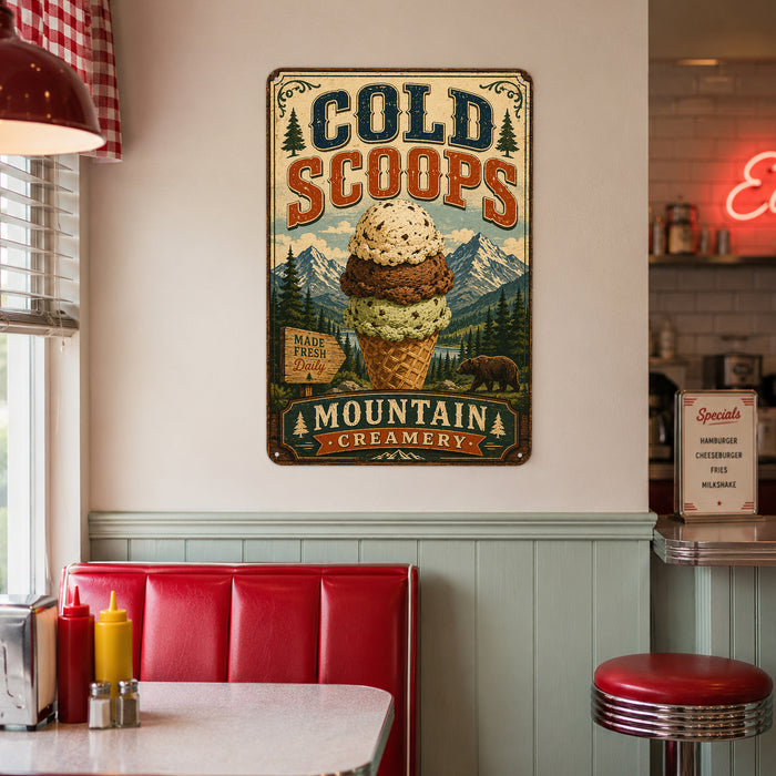 Cold Scoops Mountain Creamery metal sign with vintage americana diner / ice cream style — Cold Scoops Mountain Creamery