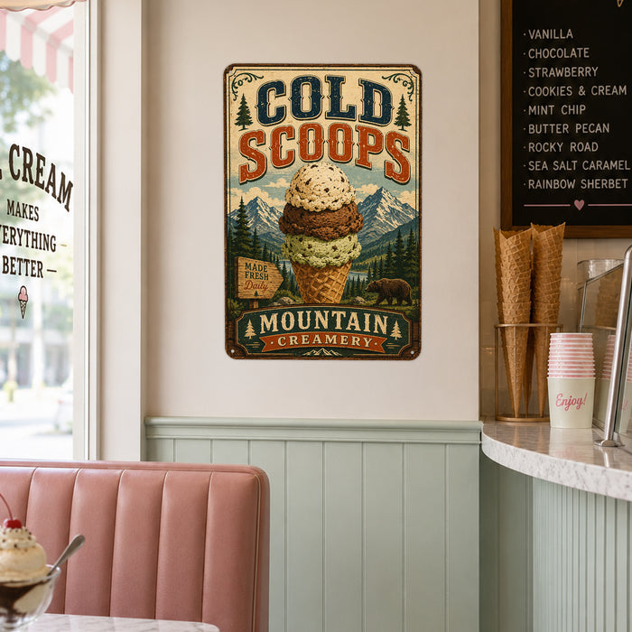 Cold Scoops Mountain Creamery metal sign with vintage americana diner / ice cream style — Cold Scoops Mountain Creamery