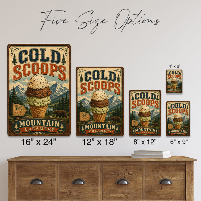 Cold Scoops Mountain Creamery metal sign with vintage americana diner / ice cream style — Cold Scoops Mountain Creamery