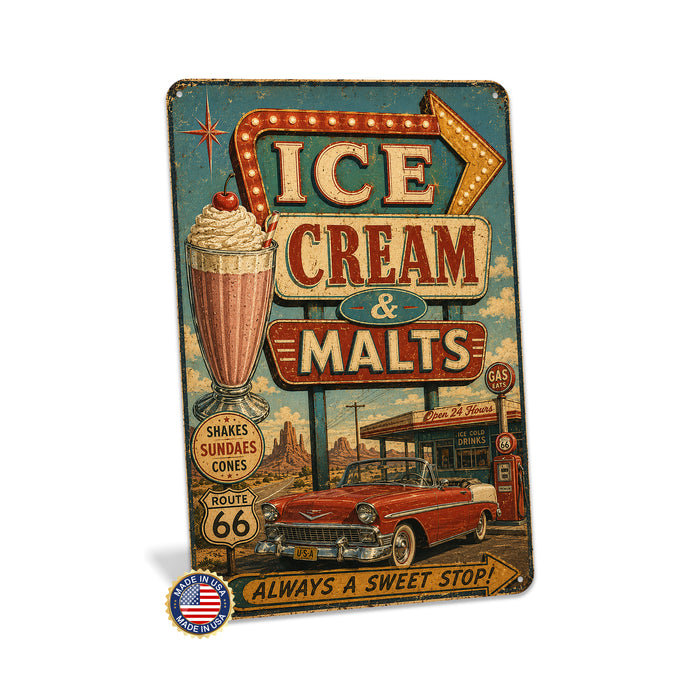 Ice Cream and Malts Route 66 Diner metal sign with vintage americana diner / ice cream style — Ice Cream and Malts Route 66