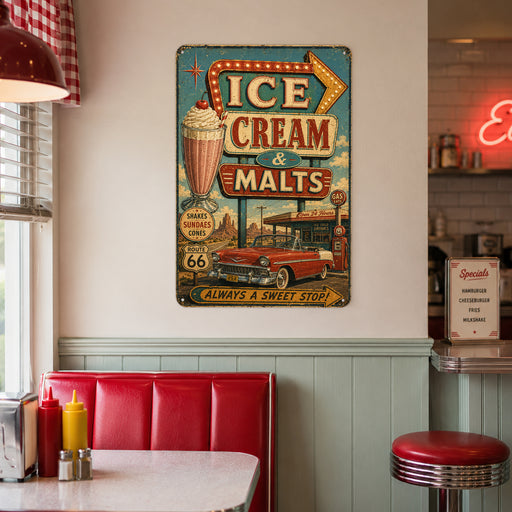 Ice Cream and Malts Route 66 Diner metal sign with vintage americana diner / ice cream style — Ice Cream and Malts Route 66