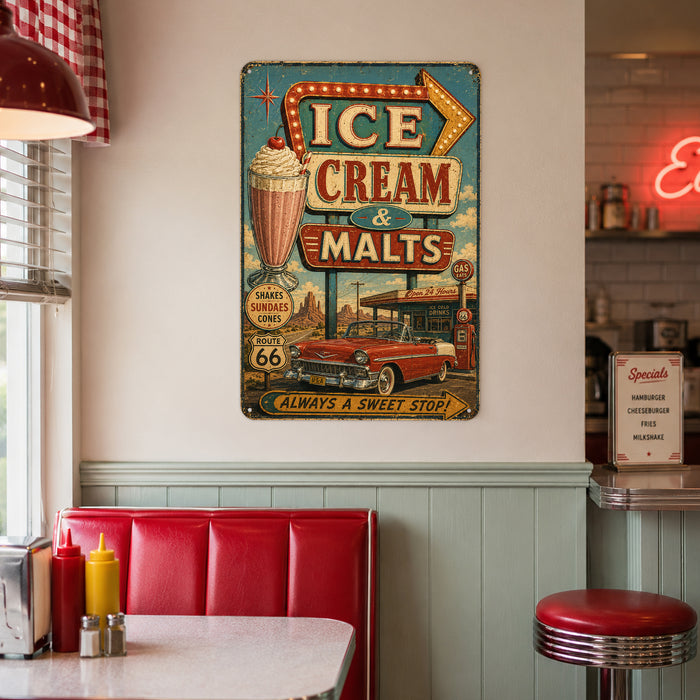 Ice Cream and Malts Route 66 Diner metal sign with vintage americana diner / ice cream style — Ice Cream and Malts Route 66