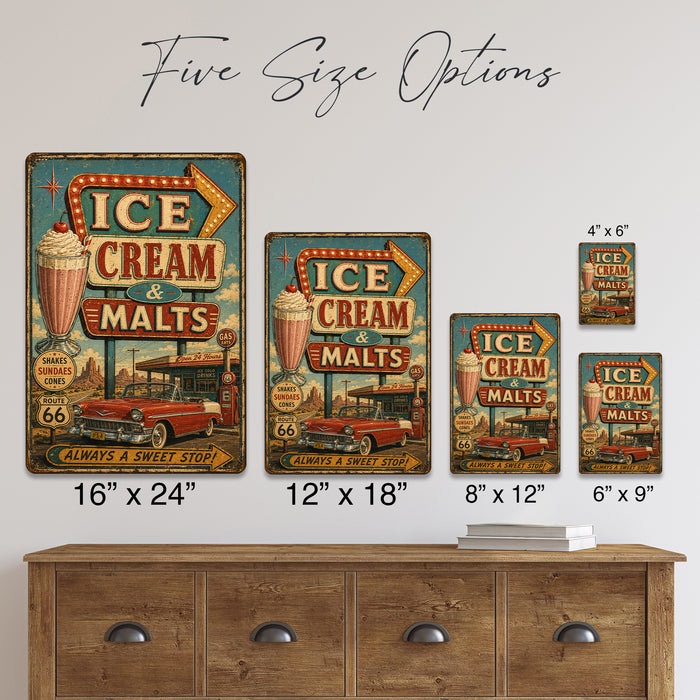 Ice Cream and Malts Route 66 Diner metal sign with vintage americana diner / ice cream style — Ice Cream and Malts Route 66