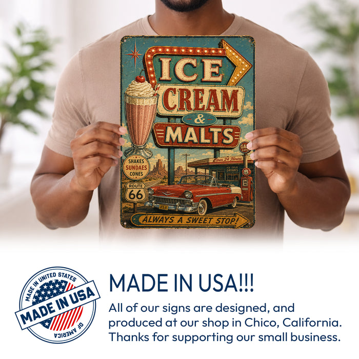 Ice Cream and Malts Route 66 Diner metal sign with vintage americana diner / ice cream style — Ice Cream and Malts Route 66