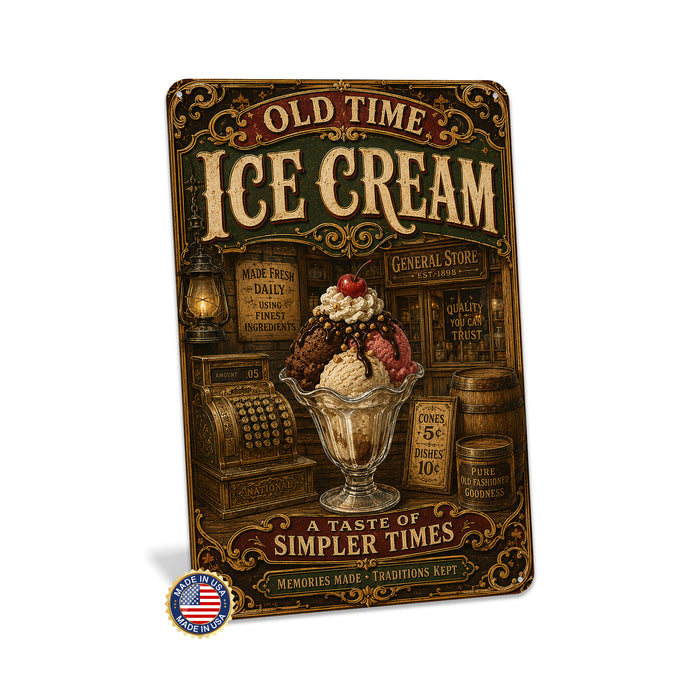 Old Time Ice Cream General Store metal sign with vintage americana diner / ice cream style — Old Time Ice Cream General Store