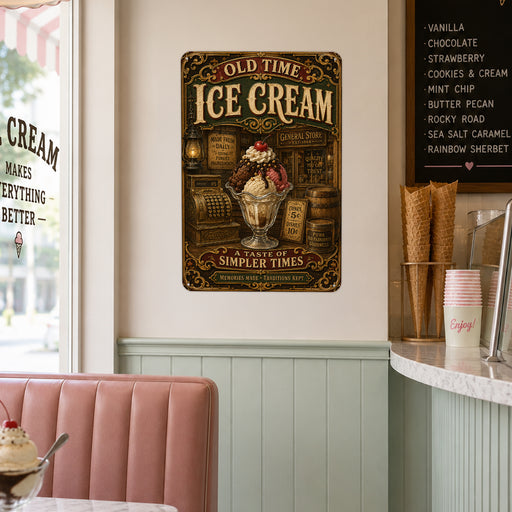Old Time Ice Cream General Store metal sign with vintage americana diner / ice cream style — Old Time Ice Cream General Store