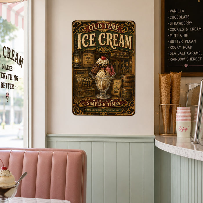 Old Time Ice Cream General Store metal sign with vintage americana diner / ice cream style — Old Time Ice Cream General Store