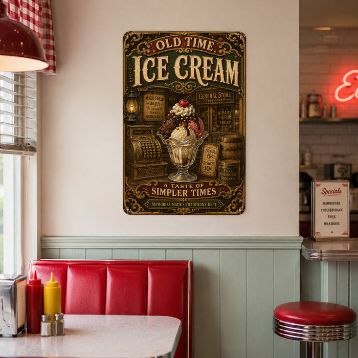 Old Time Ice Cream General Store metal sign with vintage americana diner / ice cream style — Old Time Ice Cream General Store
