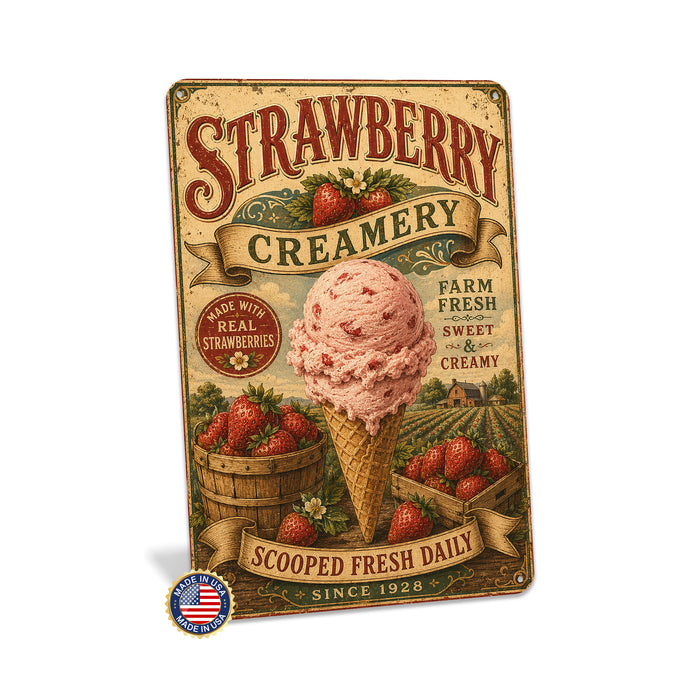 Strawberry Creamery Made With Real Strawberries metal sign with vintage americana diner / ice cream style — Strawberry