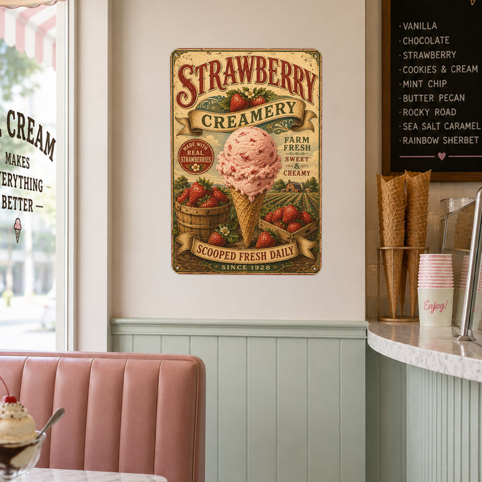 Strawberry Creamery Made With Real Strawberries metal sign with vintage americana diner / ice cream style — Strawberry